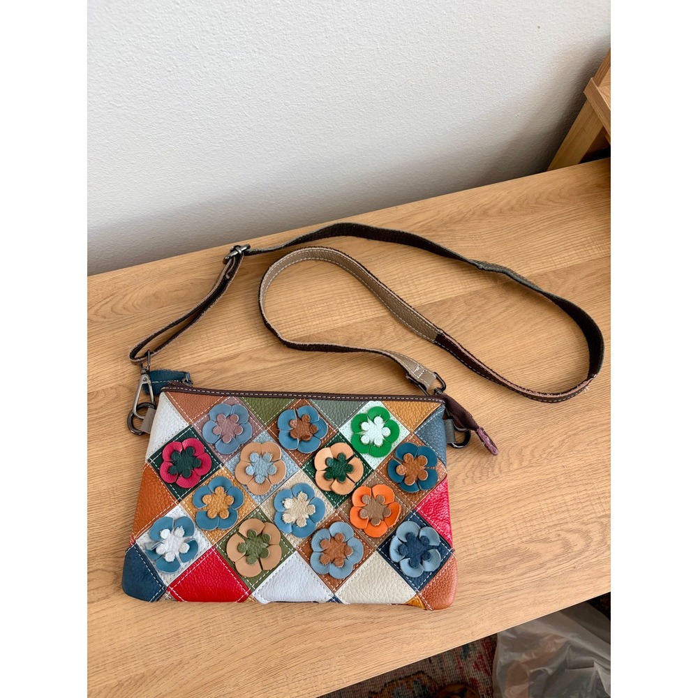 Vera Pelle Italian Leather Patchwork Floral Crossbody Bag Multi Color Made Italy